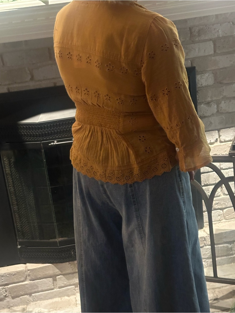 Free People Golden Yellow Eyelet Button-Front Peplum Blouse - Picture 3 of 3